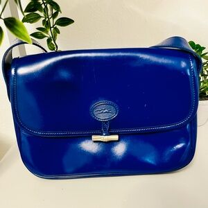 Blue Longchamp Roseau Patent shoulder bag GUC
